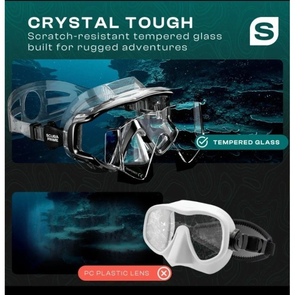 Scuba Prime Panoramic Dive Mask 180° Tempered Glass 3-Window Snorkeling Scuba...